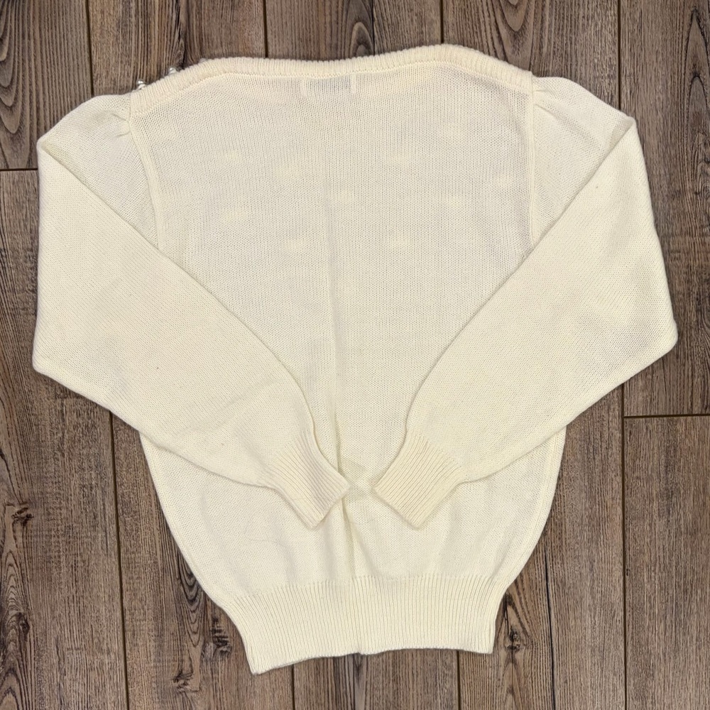 Vintage Eaton Cream Bow Embellished Sweater | Pearl Detail | Women’s M - Picture 3 of 10